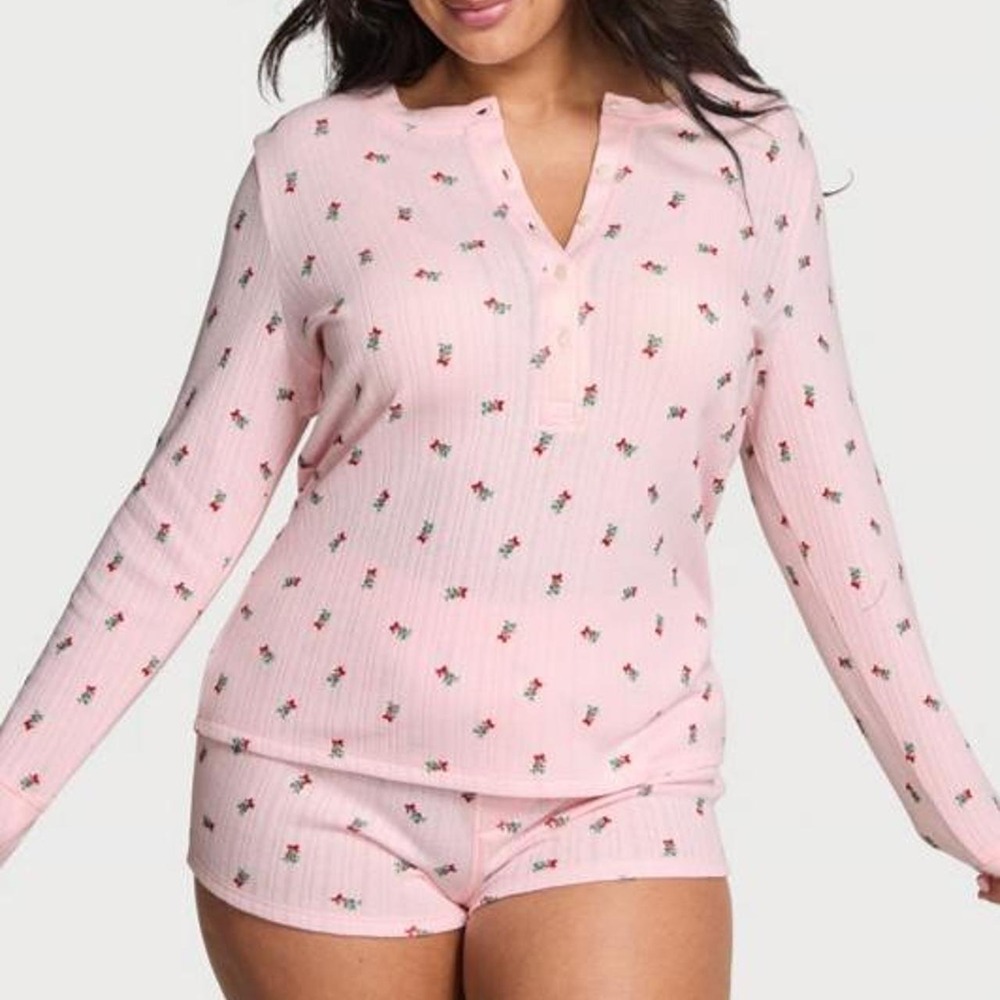 Victoria's Secret XS Cozy Pointelle Henley Pajama Set Pink Mistletoe Shorts
